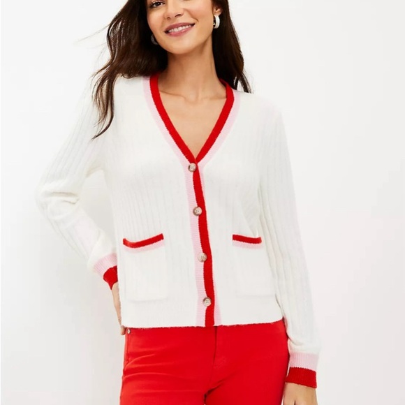 LOFT White Cardigan with Pink and Red Trim Swiftie Style Women’s Size Large NWT - Picture 8 of 12